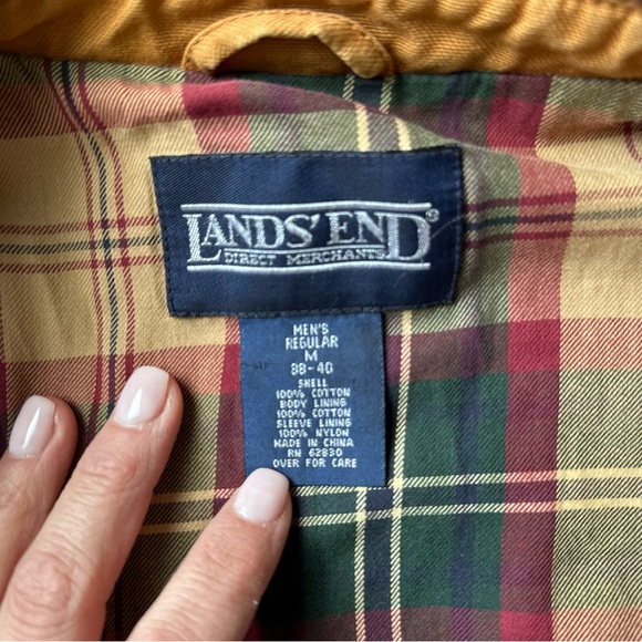 Lands’ End Barn Coat Men’s M Tan Chore Jacket Plaid Lined Corduroy Collar - Picture 3 of 9